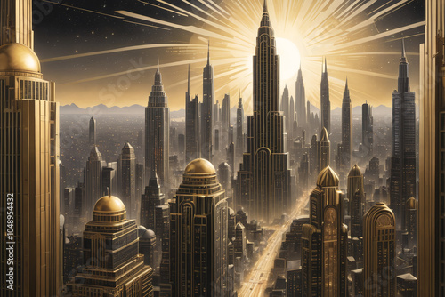 Art deco skyscraper cityscape in graphic style