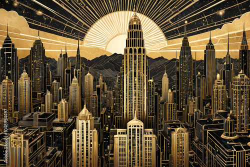 Art deco skyscraper cityscape in graphic style
