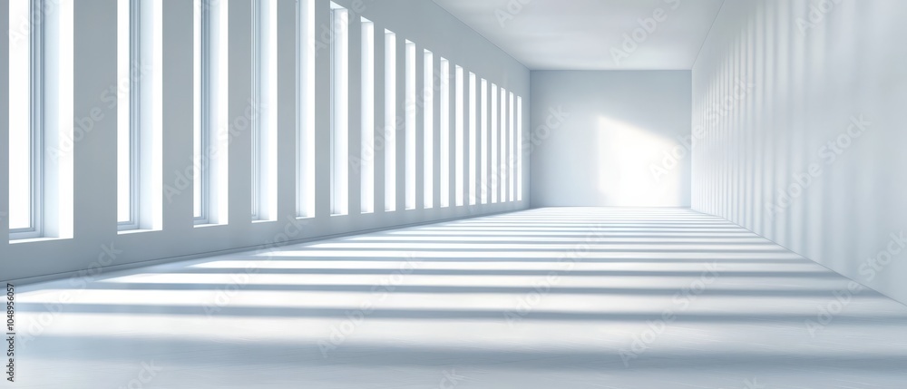 Fototapeta premium A lengthy white corridor, adorned with vertical blinds on both walls Light pours in from the window, illuminating the space