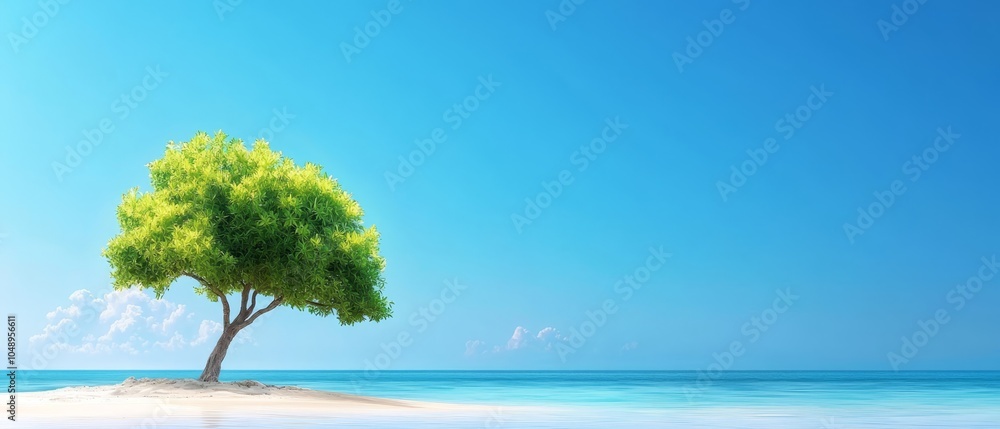 Obraz premium A tree painting on an island in the middle of the ocean, surrounded by blue sky