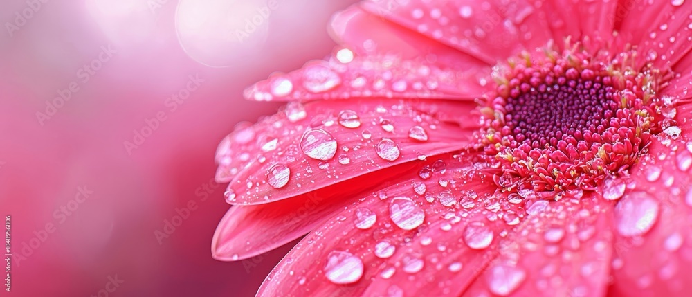 A tight shot of a pink blossom speckled with water droplets, background softly blurred with petal overlays A tight shot of a pink blossom speckled with water droplets, background softly blurred with petal overlays