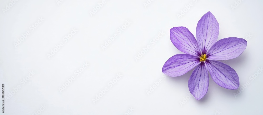 Obraz premium Purple flower on a white background Spring floral backdrop Flat lay greeting card. with copy space image. Place for adding text or design