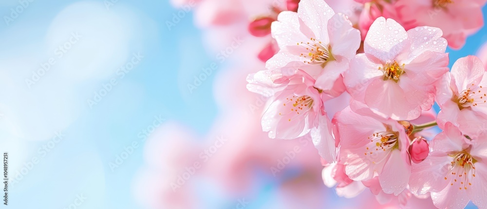 Obraz premium A tight shot of pink blossoms on a tree branch against a blue backdrop