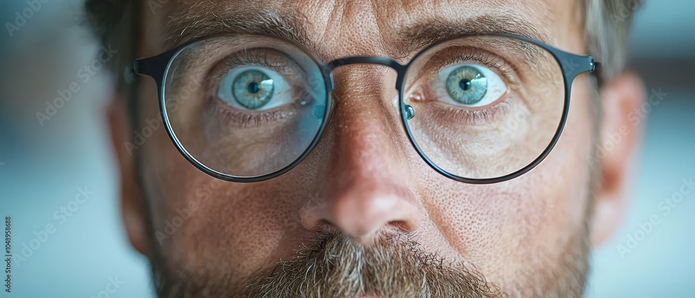 A tight shot of a man wearing glasses, frames perched above his eyes A tight shot of a man wearing glasses, frames perched above his eyes