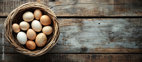 basket of eggs on an aged w...