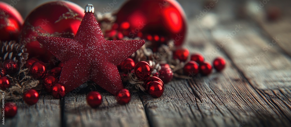Close up arrangement of red shiny baubles and a handmade fabric star on a wooden surface. with copy space image. Place for adding text or design Close up arrangement of red shiny baubles and a handmade fabric star on a wooden surface. with copy space image. Place for adding text or design
