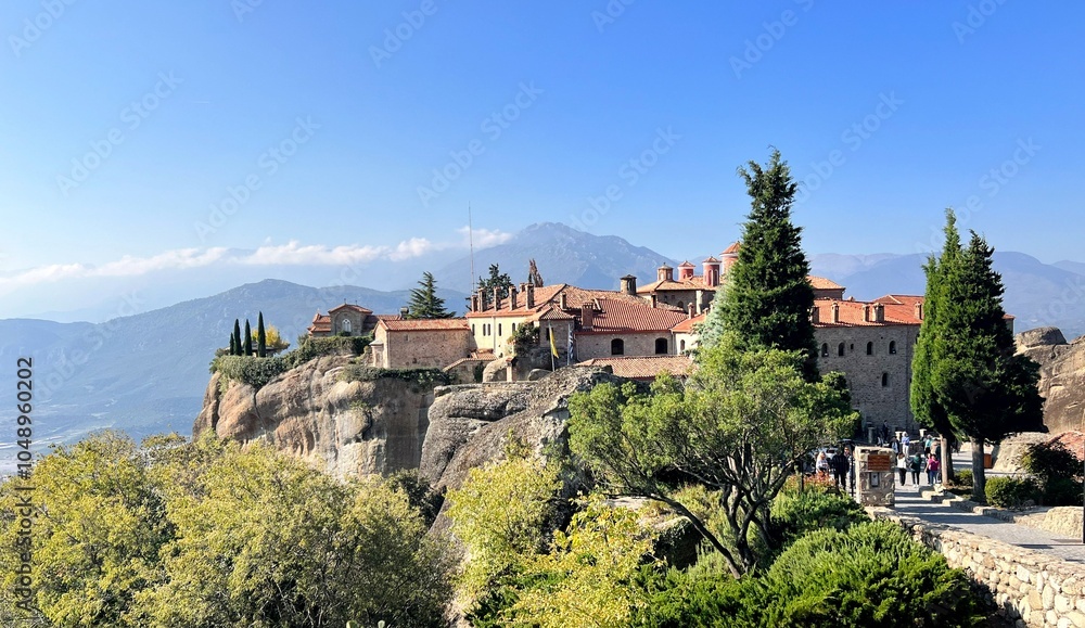 Obraz premium Photo of the Monastery of Saint Stephen, an Eastern Orthodox monastery that is part of the Meteora monastery complex in Thessaly, Greece. In 1961, the monastery was converted into a nunnery.