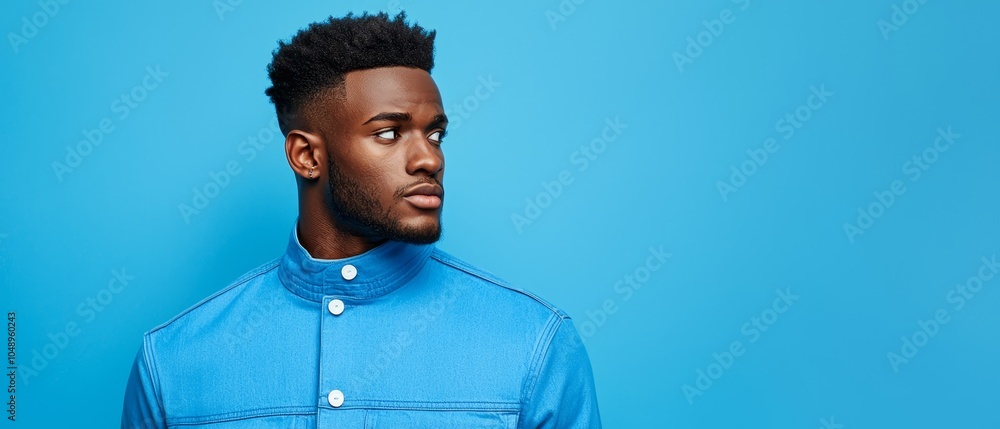Obraz premium A tight shot of a man in a blue shirt, gazing off-camera with a somber expression