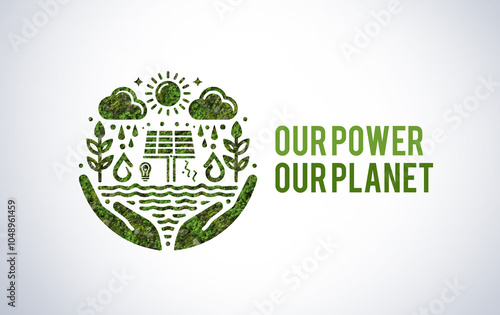 Our Power Our Planet. Earth day 2025 concept background. Ecology concept. Design with globe map drawing and leaves isolated on white background.