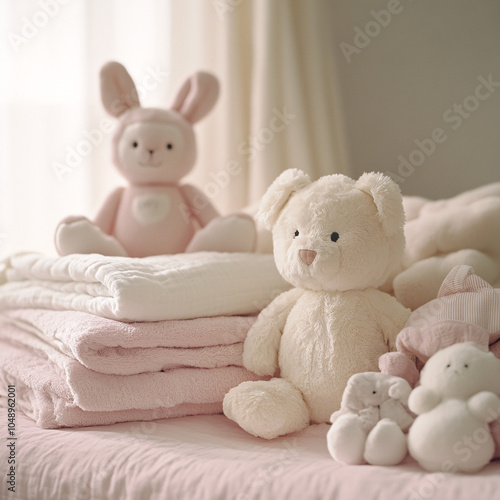 soft pink and white nursery decor with plush toys and towels on a bed