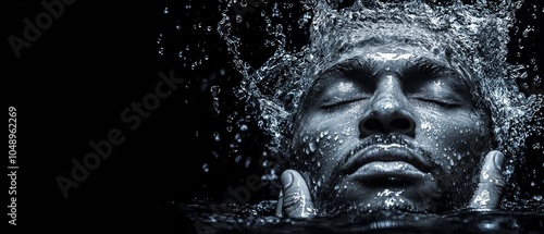  A man is submerged in water, hands tucked under chin, face dotted with water droplets photo