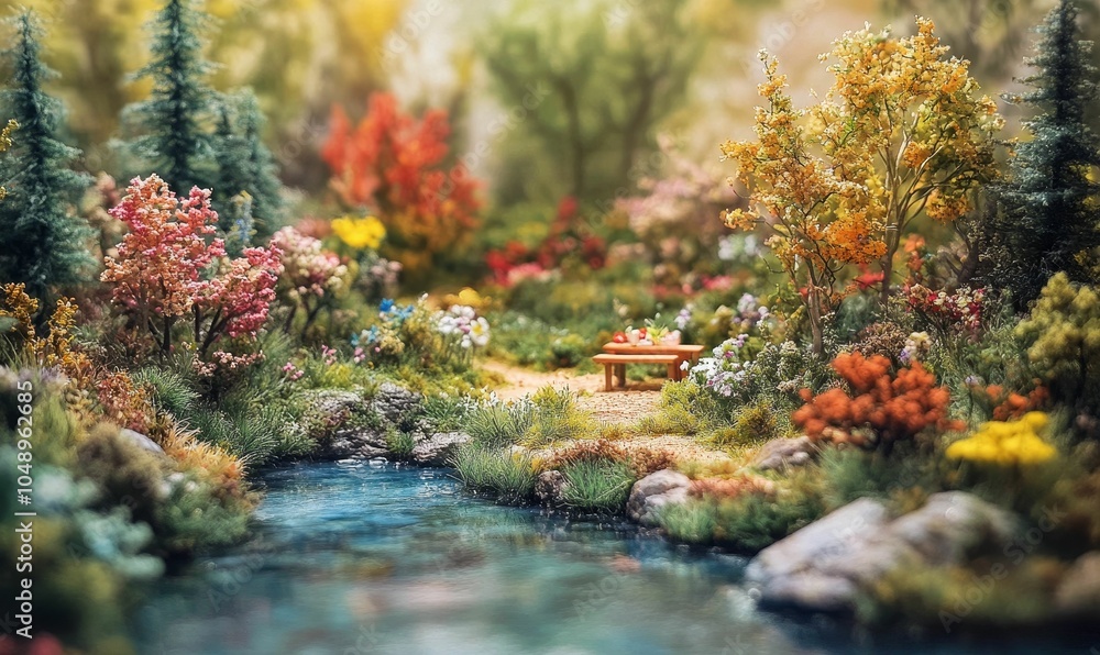 Miniature forest scene with a stream and picnic table. Miniature forest scene with a stream and picnic table.
