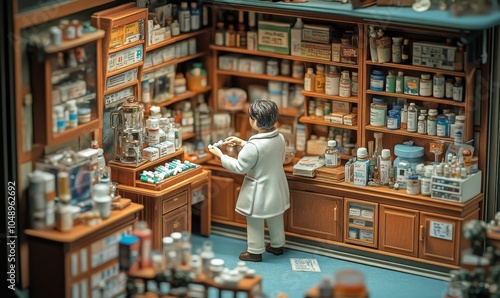 Miniature pharmacy with shelves of bottles and a pharmacist.