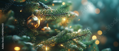 Closeup of a Christmas Tree with Golden Ornament and Lights