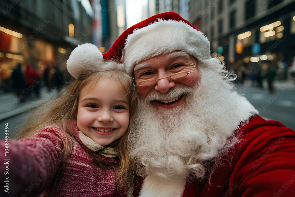 smiling Santa Claus taking a selfie with a cute little girl in the city, Generative AI smiling Santa Claus taking a selfie with a cute little girl in the city, Generative AI
