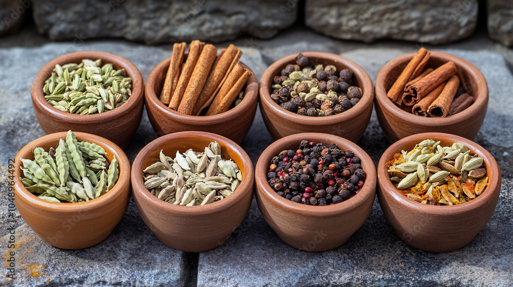 closeup of various colorful spices in clay bowls on a rustic stone background closeup of various colorful spices in clay bowls on a rustic stone background