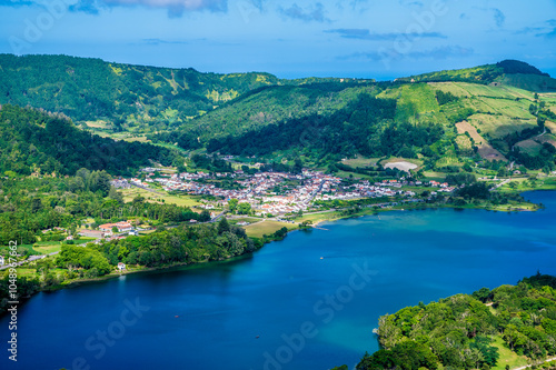 A view past the Green lake towards the Seven Cities region on the island of San Miguel in the Azores in summertime