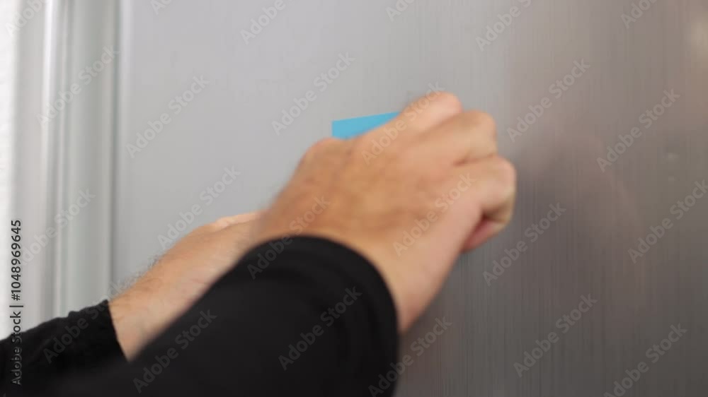 Man placing blue sticky note on refrigerator highlights significance of family communication and need for organization in everyday life Man placing blue sticky note on refrigerator highlights significance of family communication and need for organization in everyday life