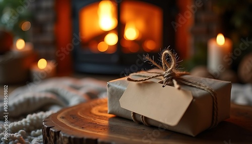 Rustic Gift Box with String Bow by Cozy Fireplace photo