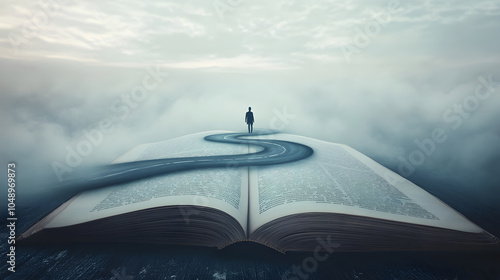 A solitary figure walks along a winding path emerging from an open book against a surreal foggy landscape at dawn