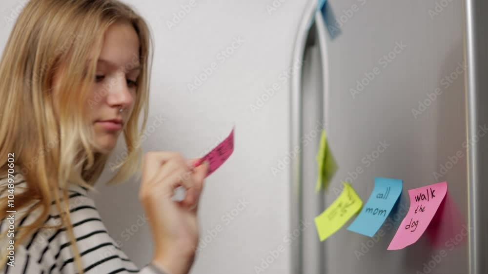 Young Woman Organizing To-Do List of Sticky Notes on Refrigerator Door, Concentrating on Tasks and Reminders While Navigating Daily Routine in Contemporary Kitchen Young Woman Organizing To-Do List of Sticky Notes on Refrigerator Door, Concentrating on Tasks and Reminders While Navigating Daily Routine in Contemporary Kitchen