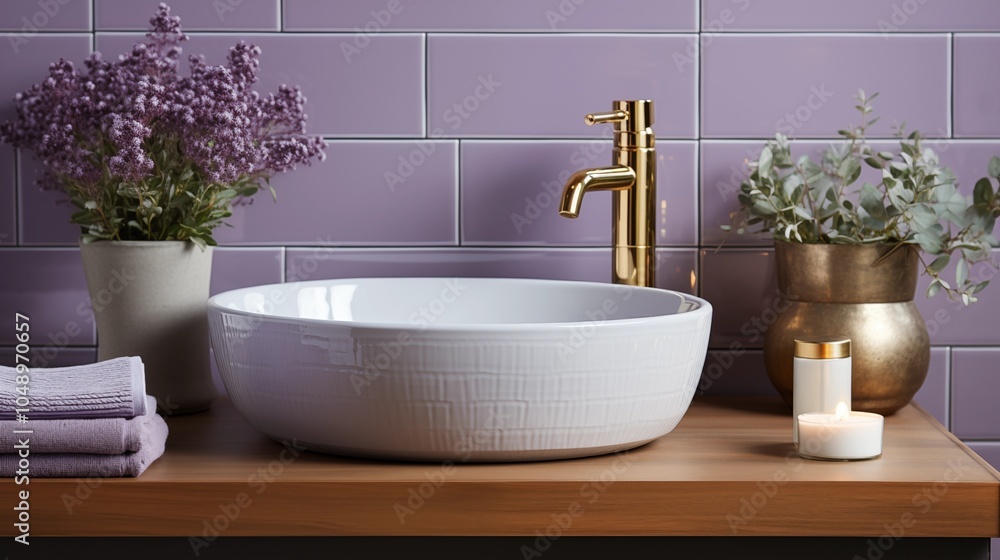 Fototapeta premium A sophisticated white vessel sink with a brass faucet set against violet tiles, creating a stunning bathroom design.