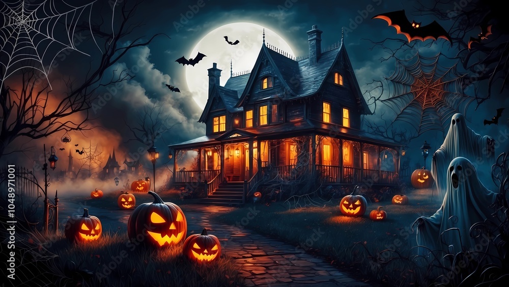 Spooky Halloween Night Scene with Jack-o'-Lanterns and Haunted Houses Spooky Halloween Night Scene with Jack-o'-Lanterns and Haunted Houses