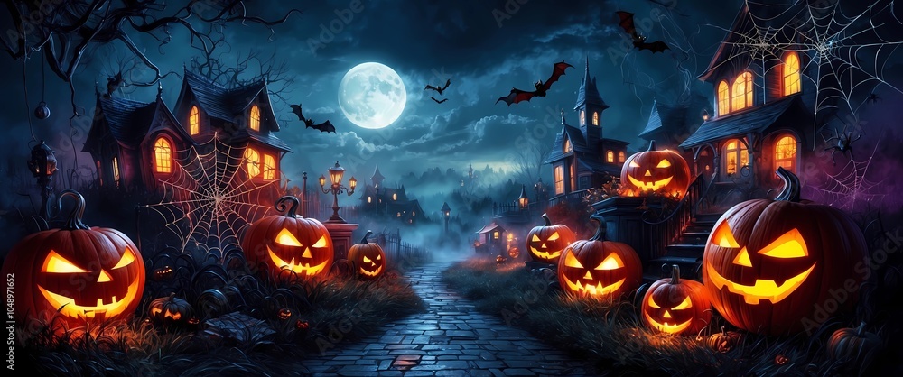 Spooky Halloween Night Scene with Jack-o'-Lanterns and Haunted Houses Spooky Halloween Night Scene with Jack-o'-Lanterns and Haunted Houses