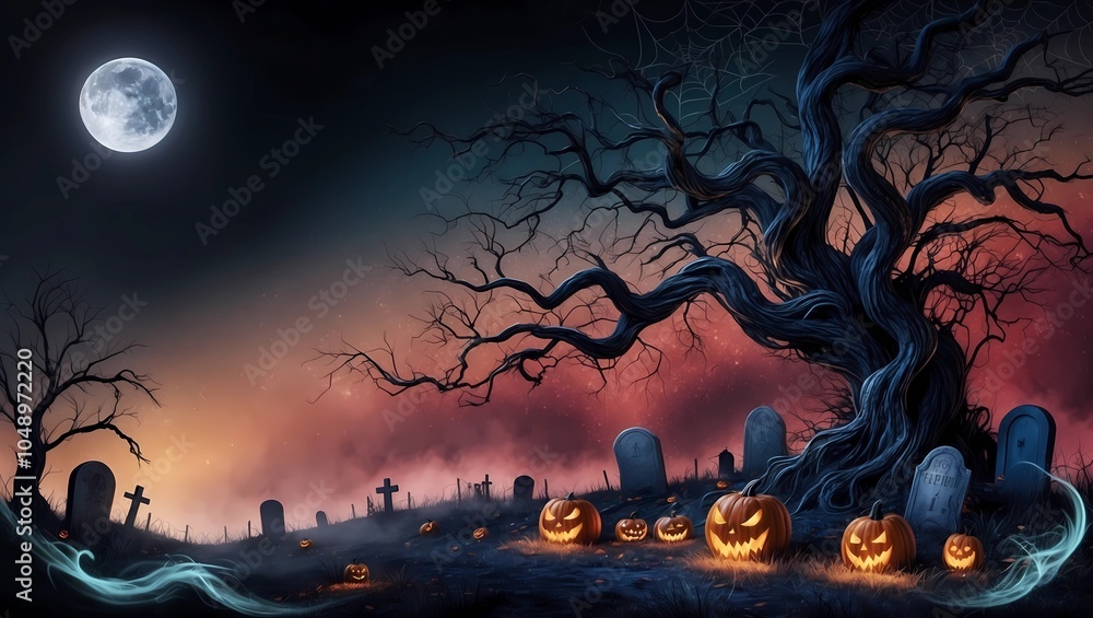 Spooky Halloween Night Scene with Jack-o'-Lanterns and Haunted Houses Spooky Halloween Night Scene with Jack-o'-Lanterns and Haunted Houses
