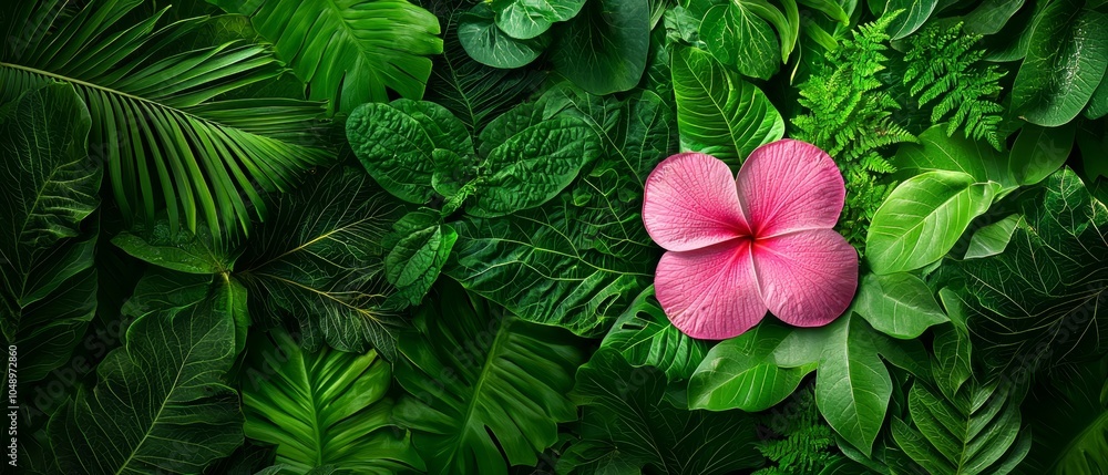 Fototapeta premium A pink flower atop a verdant, leaf-covered plant wall, flanked by greenery on both sides