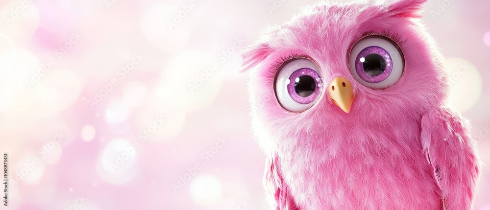 Obraz premium A pink owl in focus against a pink backdrop, with a softly blurred light bokeh behind