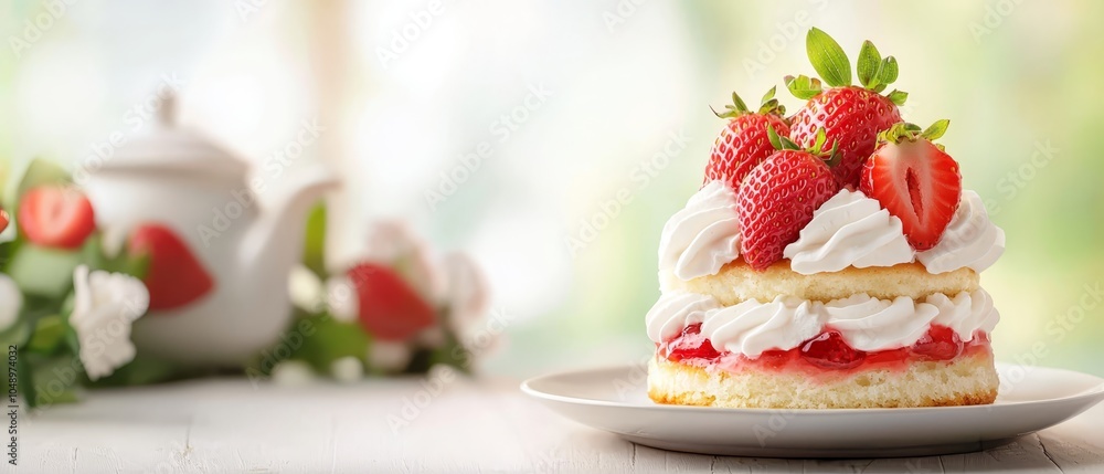 A pristine slice of strawberry shortcake, crowned with whipped cream and juicy strawberries, sits elegantly on a crisp white plate In the serene background A pristine slice of strawberry shortcake, crowned with whipped cream and juicy strawberries, sits elegantly on a crisp white plate In the serene background