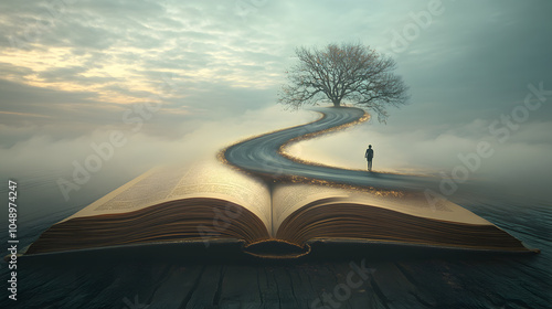 A surreal landscape where a winding road leads through an open book towards a solitary tree at sunrise with mist surrounding the area