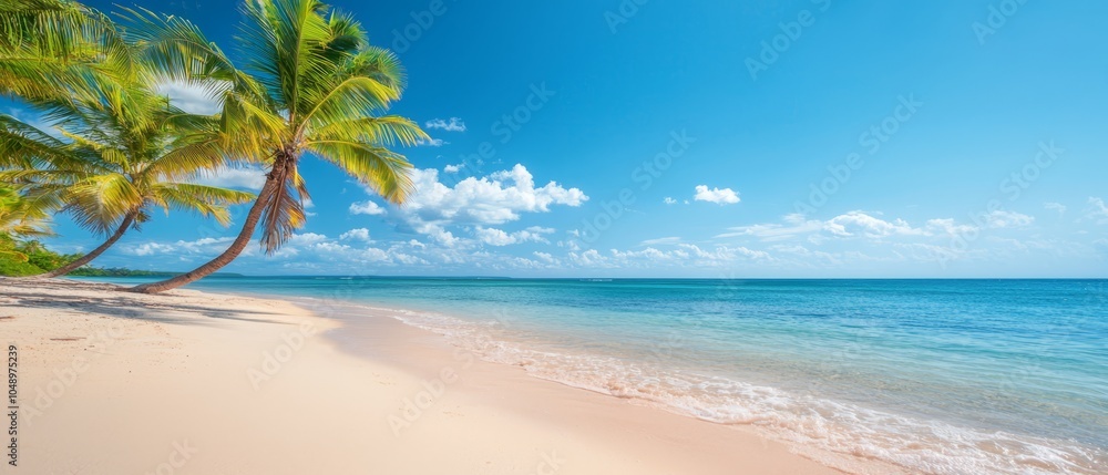 A sandy beach with two palm trees on the shore and a blue sky adorned with wispy clouds A sandy beach with two palm trees on the shore and a blue sky adorned with wispy clouds