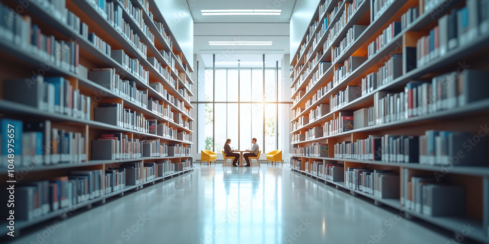 View into a large library, in modern bright architecture, resting places of knowledge and encounter View into a large library, in modern bright architecture, resting places of knowledge and encounter