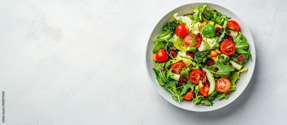 Tasty vegetable salad on a light grey table top view Room for text. with copy space image. Place for adding text or design Tasty vegetable salad on a light grey table top view Room for text. with copy space image. Place for adding text or design