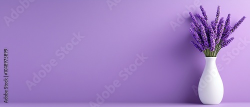 A white vase holds purple flowers against a purple background A purple wall lies in the background