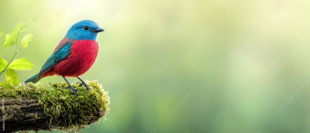 A red and blue bird sits on a mossy branch, surrounded by green leaves Background is blurred A red and blue bird sits on a mossy branch, surrounded by green leaves Background is blurred