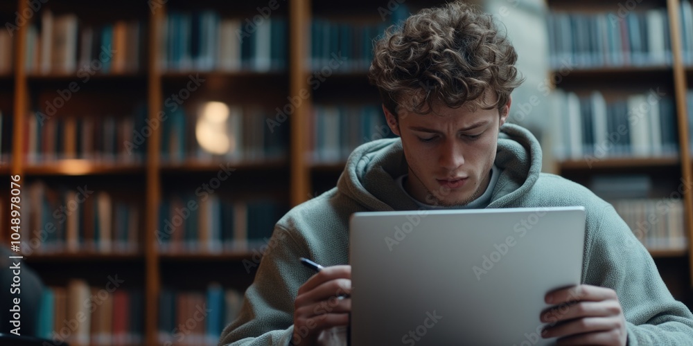 A young man engrossed in reading a book at a grand library. A young man engrossed in reading a book at a grand library.
