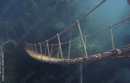 A wooden bridge spans a den...