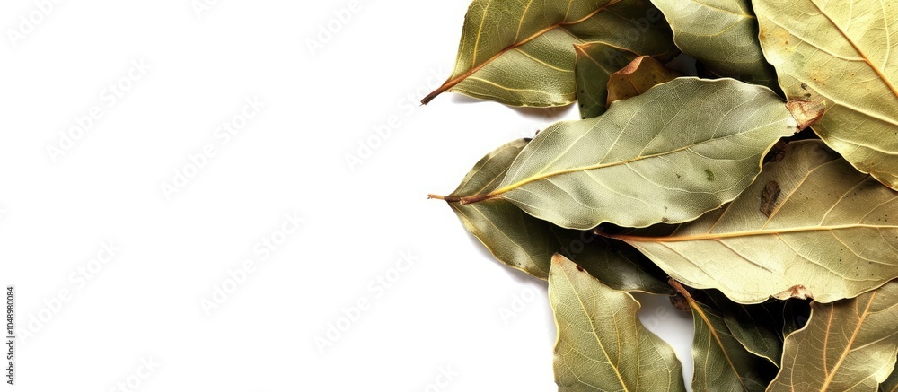 Close up view of a stack of bay leaves Spilled spices on a white background. with copy space image. Place for adding text or design Close up view of a stack of bay leaves Spilled spices on a white background. with copy space image. Place for adding text or design