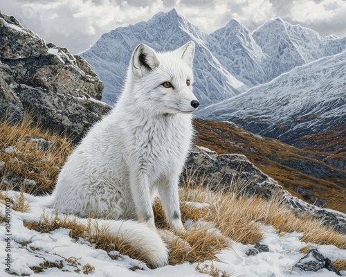 Arctic Fox in Winter Landscape with Snowy Mountains