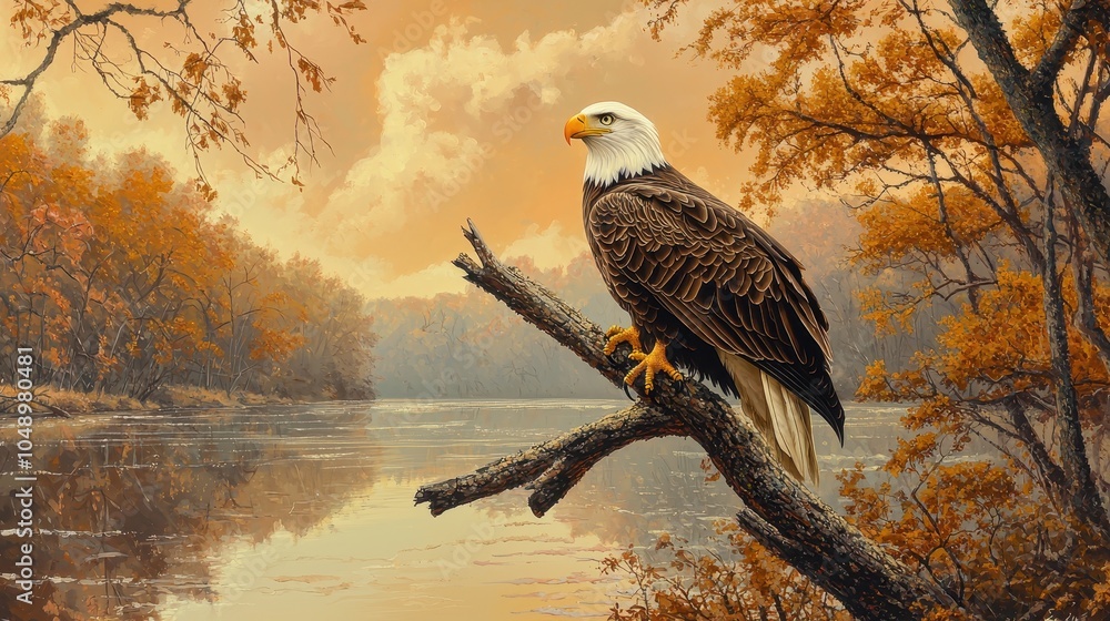 Fototapeta premium Bald Eagle Perched on Tree Branch Overlooking Water