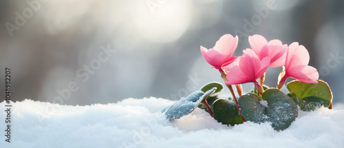 Pink cyclamen winter flowers blooming in winter snow photo