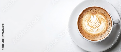  A cappuccino in a white cup, adorned with a leaf design atop the frothy brew