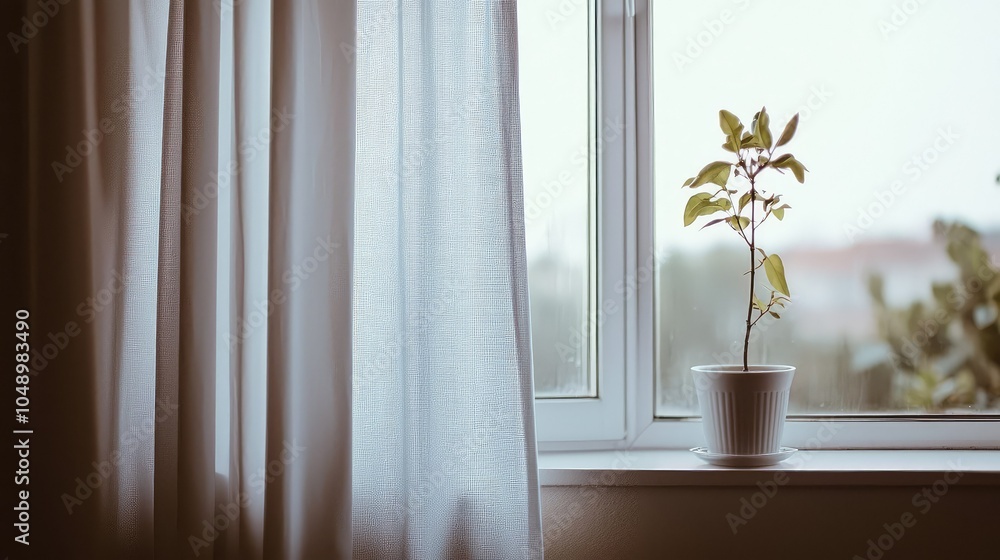 Serene Living Area with Large Windows and Plant Serene Living Area with Large Windows and Plant