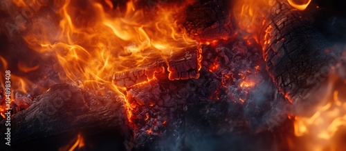 Logs smoldering in a bright...