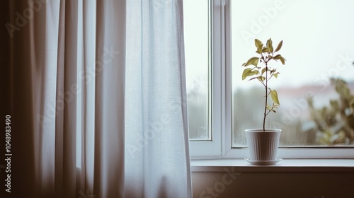 Serene Living Area with Large Windows and Plant