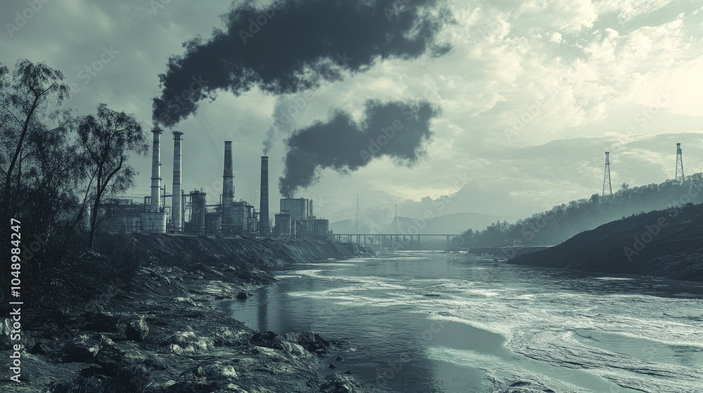 Fototapeta premium Polluted river with smoke coming out of the factories