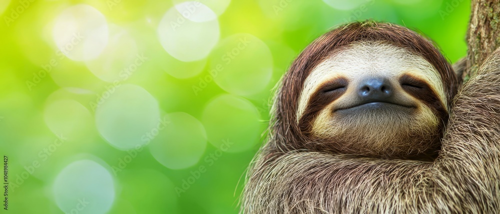 Naklejka premium A tight shot of a sloth in a tree, surrounded by dense green foliage with an out-of-focus background